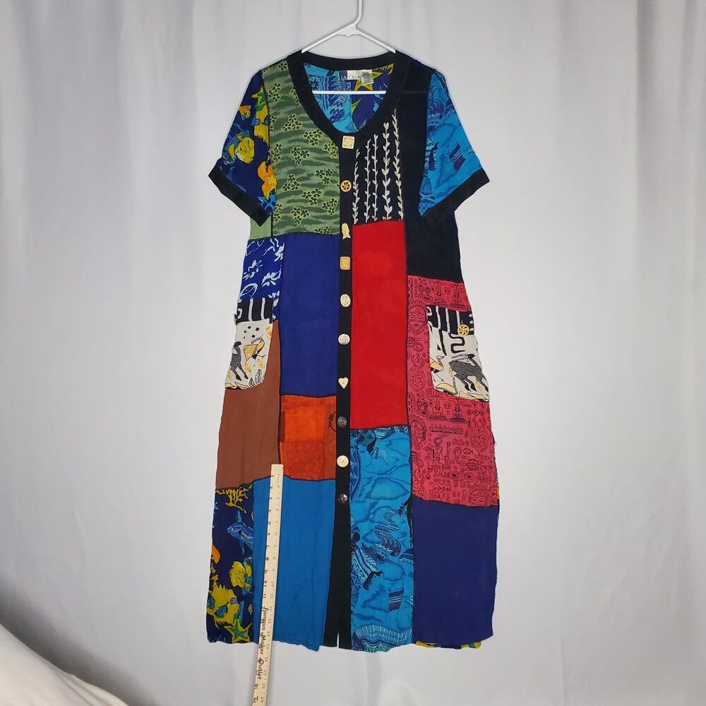 La Cera Crinkle Button Front Dress Medium Patchwork Pocket Artsy Shabby‎ Chic
